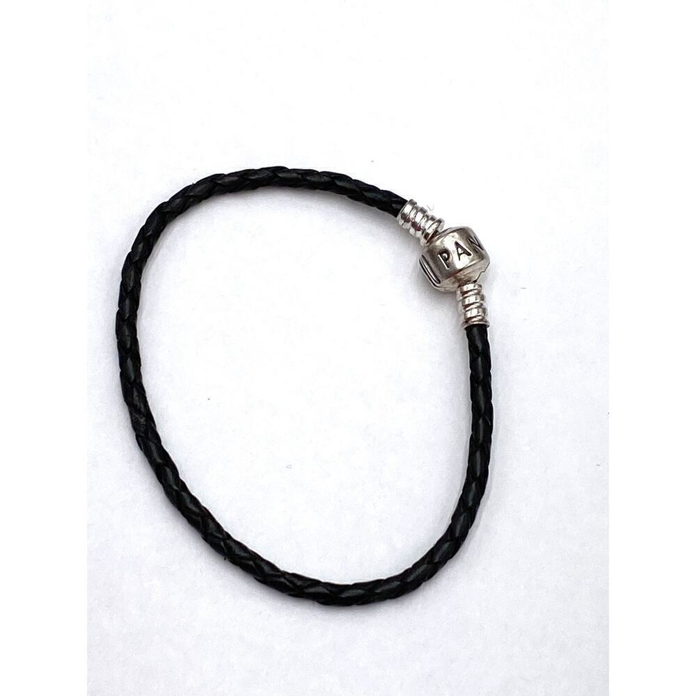 Pandora Black Braided Leather Bracelet Silver Clasp ALE 925 6.5”